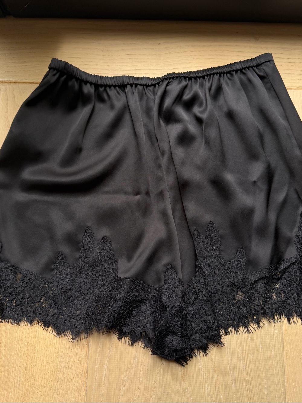 Reformation Fern Black Satin Lace-Trim Shorts